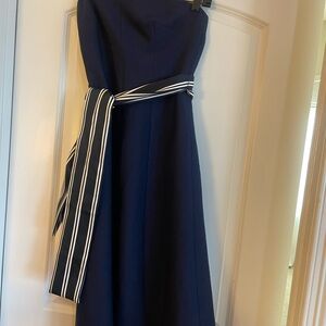 Elegant Navy Blue Strapless Dress with Striped Belt size m